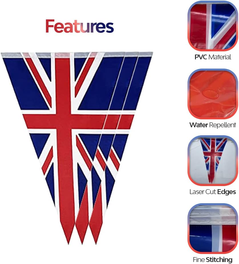Winsome Union jack Bunting Banner 10M/33ft Long with 20 Triangle UK Flags Queen’s Platinum Jubilee Buntings Outdoor Waterproof British Flags - Image 5