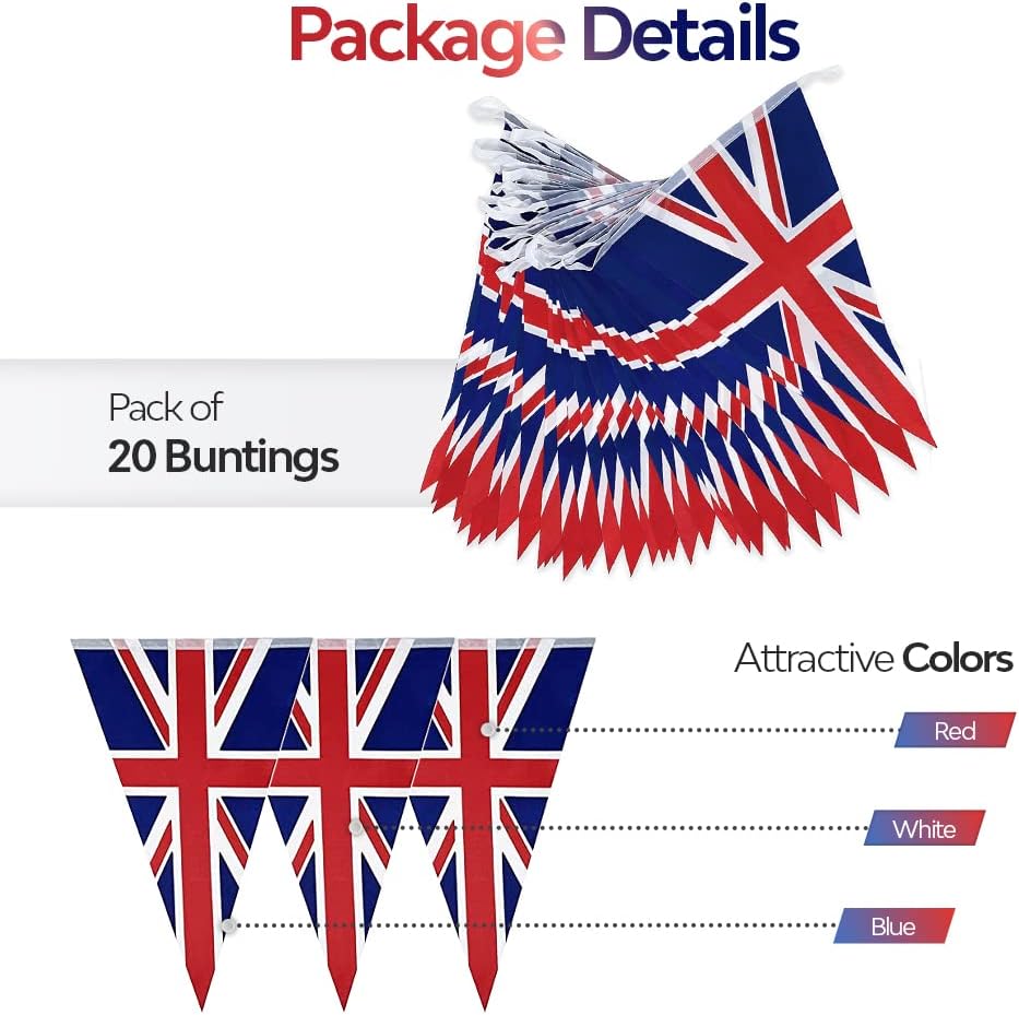 Winsome Union jack Bunting Banner 10M/33ft Long with 20 Triangle UK Flags Queen’s Platinum Jubilee Buntings Outdoor Waterproof British Flags - Image 6