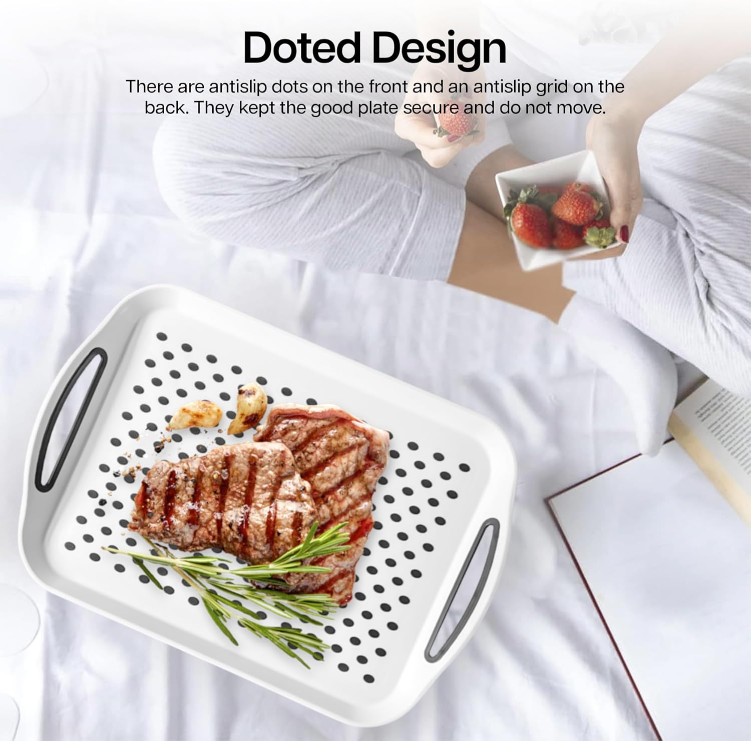 Non-Slip Plastic Serving Tray - Pack of 2 Serving Tray With Rubber Handles - White Kitchen Tray For Food, Drinks, Coffee - Dinner Anti-Slip Tray - Image 3