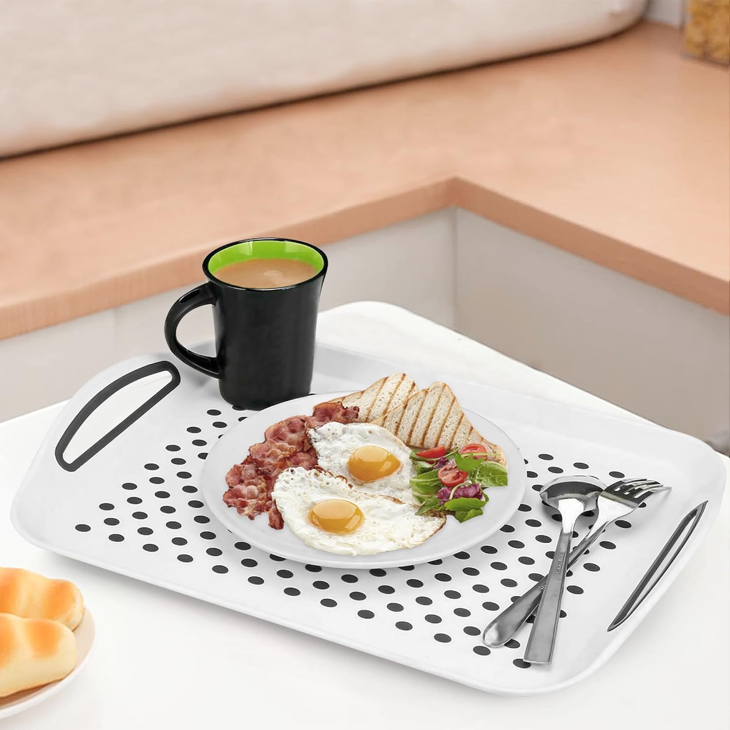 Non-Slip Plastic Serving Tray - Pack of 2 Serving Tray With Rubber Handles - White Kitchen Tray For Food, Drinks, Coffee - Dinner Anti-Slip Tray - Image 2