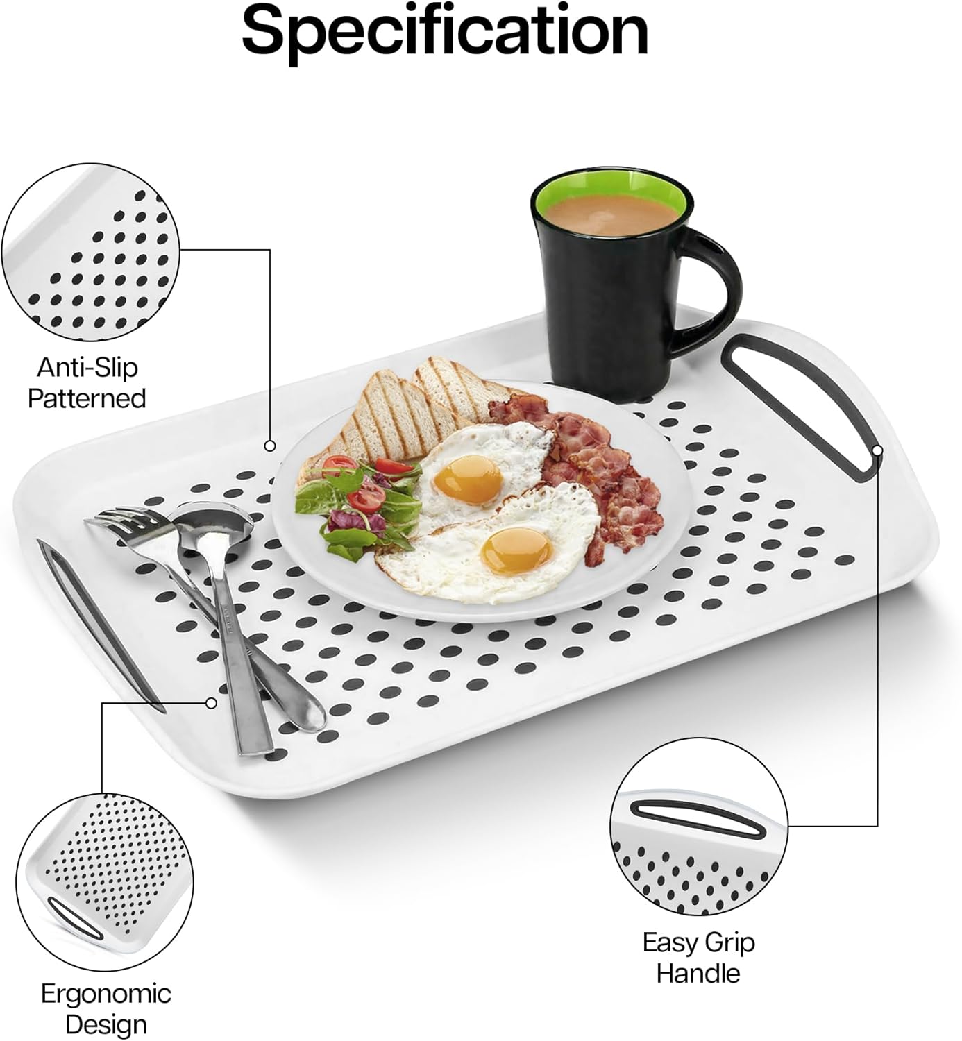 Non-Slip Plastic Serving Tray - Pack of 2 Serving Tray With Rubber Handles - White Kitchen Tray For Food, Drinks, Coffee - Dinner Anti-Slip Tray - Image 5